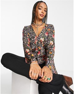 Жаккардовая блузка на пуговицах с разноцветным цветочным принтом и расклешенными рукавами Topshop
