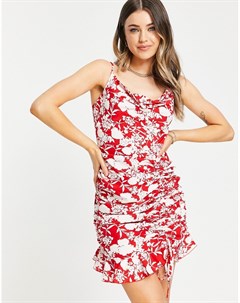 Красное платье мини со сборками свободным воротом оборкой на подоле и цветочным принтом x Jac Jossa In the style