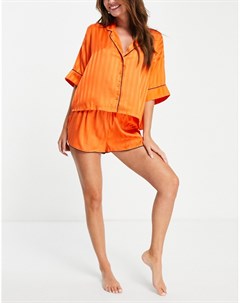 Жаккардовый атласный пижамный комплект из рубашки с короткими рукавами и шорт оранжевого цвета в пол Asos design