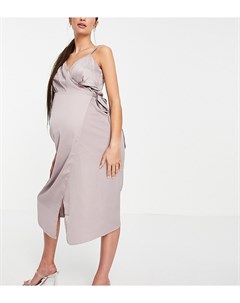 Атласное платье миди с запахом серо бежевого цвета Little mistress maternity
