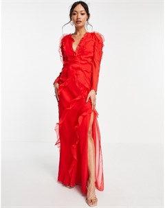 Красное платье макси с ярусными оборками и открытой спинкой Asos design