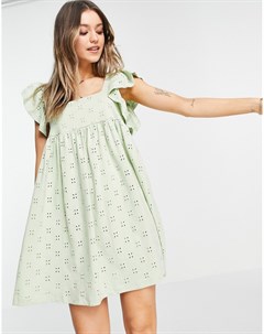 Шалфейно зеленое платье мини с квадратным вырезом вышивкой ришелье и короткими рукавами с рюшами Asos design