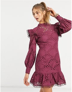 Темно бордовое платье мини с высоким воротником оборками и вышивкой ришелье Asos design