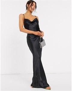 Черное платье комбинация макси из блестящего атласа со шнуровкой на спине Asos design