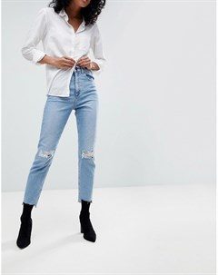 Голубые зауженные джинсы в винтажном стиле с завышенной талией и дырками на коленях Farleigh Asos design