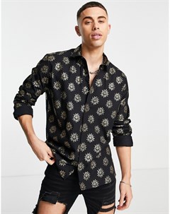 Черная приталенная рубашка с золотистым фольгированным принтом в виде звезд Twisted tailor