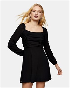 Черное платье мини со сборками и расклешенной юбкой Topshop
