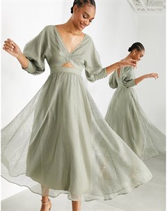 Платье миди из органзы цвета хаки в клетку с пышными рукавами на манжете Asos edition