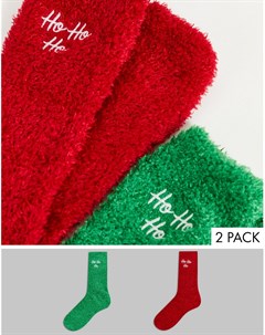 Набор из 2 пар пушистых новогодних носков красного и зеленого цветов с надписью Ho Ho Ho Brave soul