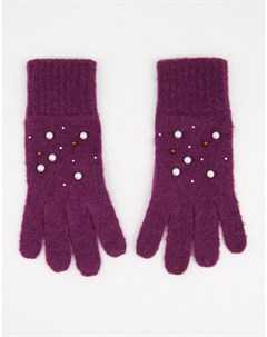 Вязаные перчатки ягодного цвета с отделкой стразами и искусственным жемчугом Boardmans