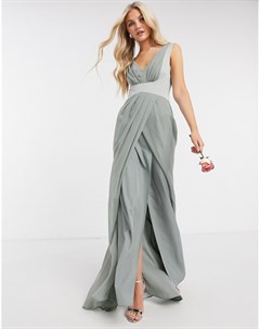 Оливковое платье макси со складками на лифе и пуговицами на спине Bridesmaid Asos design