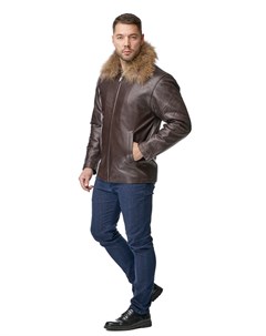 Мужская кожаная куртка из натуральной кожи с воротником отделка енот Мосмеха