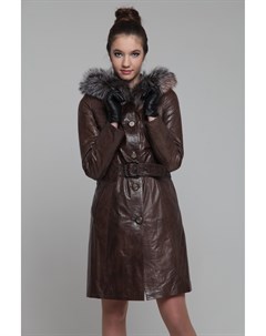 Женское кожаное пальто из натуральной кожи с капюшоном отделка лиса Мосмеха