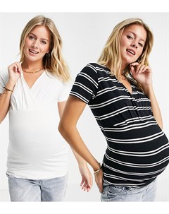 Набор из 2 футболок для кормления с запахом спереди белого цвета и в полоску Mamalicious Maternity