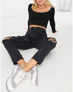Темно серые джинсы в винтажном стиле с большими рваными разрезами Parisian
