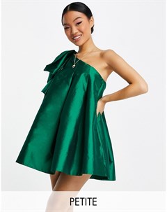 Изумрудно зеленое платье мини на одно плечо с oversized бантом Forever new petite