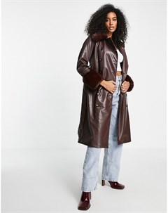 Удлиненное пальто из искусственной кожи с контрастными манжетами и воротником Fashion union
