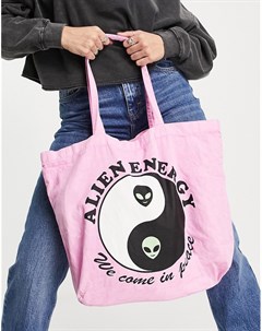 Розовая большая сумка тоут с принтом символа инь ян и надписью Alien Energy New girl order