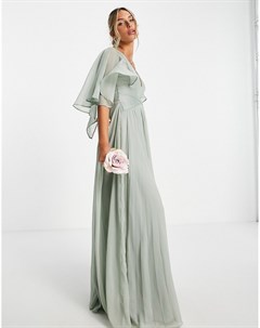 Платье макси оливкового цвета со сборками на лифе драпировкой расклешенными рукавами и запахом на та Asos design