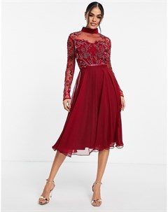 Платье миди с короткой расклешенной юбкой и декорированным топом винного цвета Virgos lounge