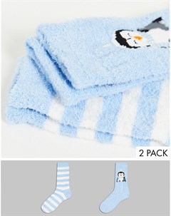 Набор из 2 пар теплых носков с принтом пингвина голубого цвета Threadbare