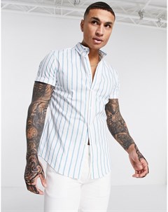 Узкая эластичная рубашка белого цвета с синими полосками на пуговицах Asos design