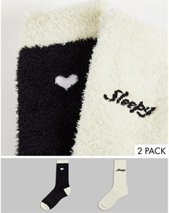 Набор из 2 пар пушистых носков черного и кремового цветов с принтом Sleepy Threadbare