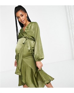 Атласное платье миди оливкового цвета на запахе Flounce london maternity