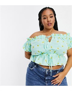 Зеленый топ в клетку с квадратным вырезом и цветочной вышивкой ASOS DESIGN Curve Asos curve