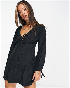 Черное фактурное платье мини с цветочным узором и завязками из смесовых переработанных материалов Topshop