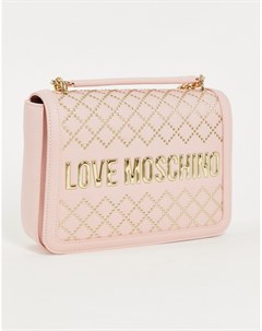 Светло розовая стеганая сумка на плечо с логотипом и цепочкой Love moschino