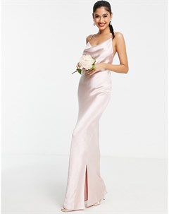 Платье комбинация макси нежно розового цвета из блестящей атласной ткани на бретельках со шнуровкой  Asos design