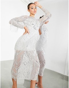 Серебристое платье миди с вырезным узором и бахромой Asos edition
