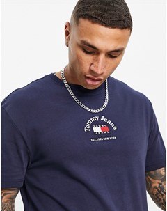 Темно синяя футболка с дугообразным принтом логотипа по центру Tommy jeans