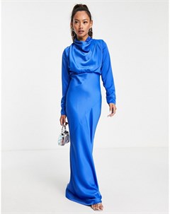 Атласное синее платье макси косого кроя с высоким воротом и драпировкой Asos design