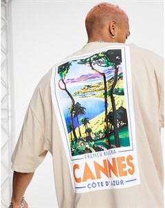 Бежевая oversized футболка с принтом Cannes Asos design