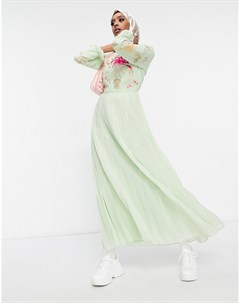 Шалфейно зеленое плиссированное платье макси с рукавами клеш и вышивкой Asos design