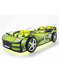Кровать машина карлсон турбо гудзон с объемными колесами с подсветкой дна и фар зеленый 85x48x178 см Magic cars