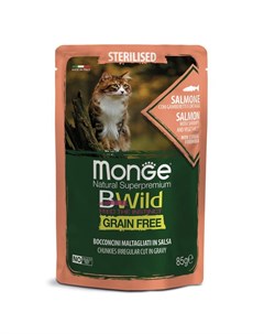 Cat BWild Grain Free полнорационный влажный корм для кошек беззерновой с лососем креветками и овощам Monge