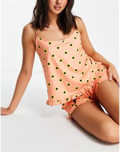 Пижамный комплект персикового цвета с цветочным принтом из майки на бретельках и шортов с оборками Loungeable