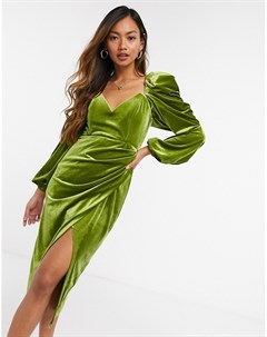 Зеленое бархатное облегающее платье миди с длинными пышными рукавами и вырезом сердечком ASOS DESIGN Asos luxe