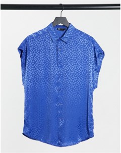 Ярко синяя атласная рубашка из жаккардовой ткани с коротким рукавом крылышко Asos design