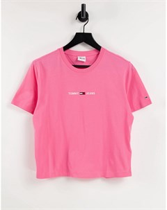 Розовая футболка с короткими рукавами и логотипом флагом Tommy jeans