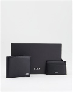 Черный кожаный бумажник и кредитница в подарочном наборе Boss