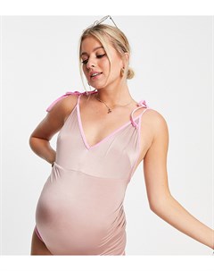 Серо коричневый слитный купальник с завязками на плечах и контрастной розовой окантовкой из бархата  Asos maternity