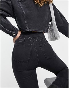 Черные выбеленные джинсы клеш из эластичного денима с отделкой стразами Topshop