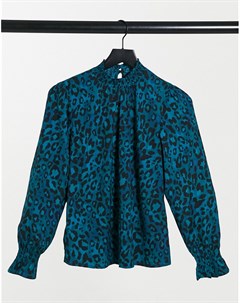 Синяя присборенная блузка с леопардовым принтом New look
