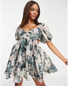 Платье мини из фактурной вуали со складками с цветочным принтом в темной гамме Asos design