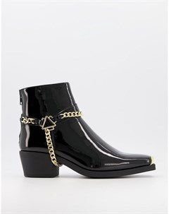 Черные лакированные ботинки челси в стиле вестерн на кубинском каблуке с золотистой цепочкой Asos design