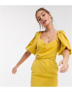 Платье мини горчичного цвета с запахом и объемными рукавами ASOS DESIGN Petite Asos petite